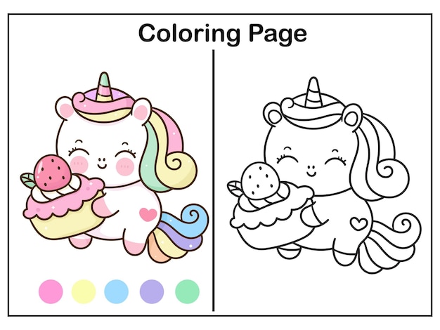 Dibujo de Unicornio para colorear con tarta de cumpleaños kawaii