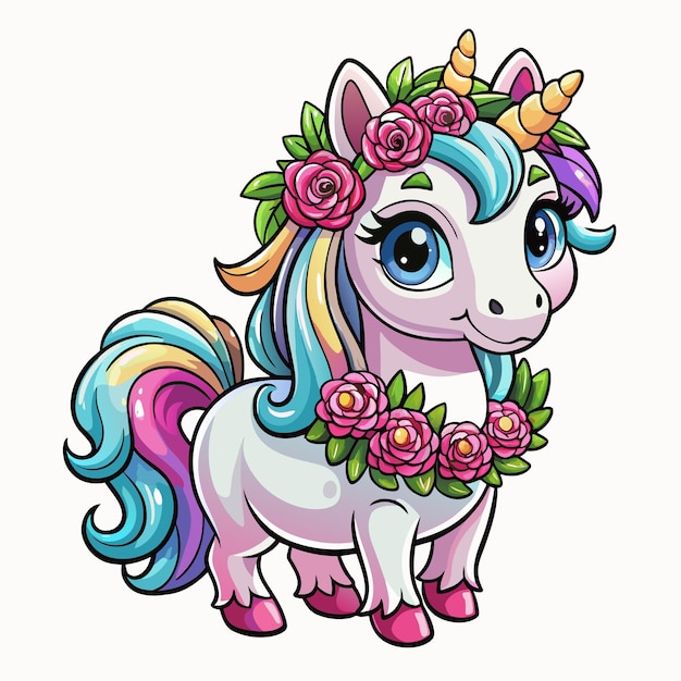 Vector un dibujo de un unicornio con flores en la cabeza