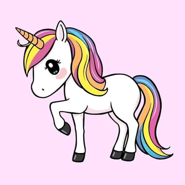 Un dibujo de un unicornio con una ilustración de dibujos animados vectorial de estilo arco iris