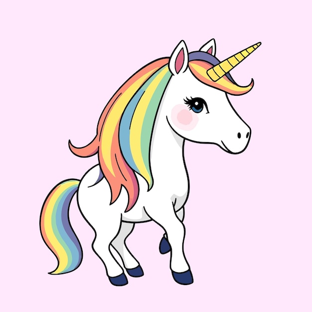 Un dibujo de un unicornio con una ilustración de dibujos animados vectorial de estilo arco iris