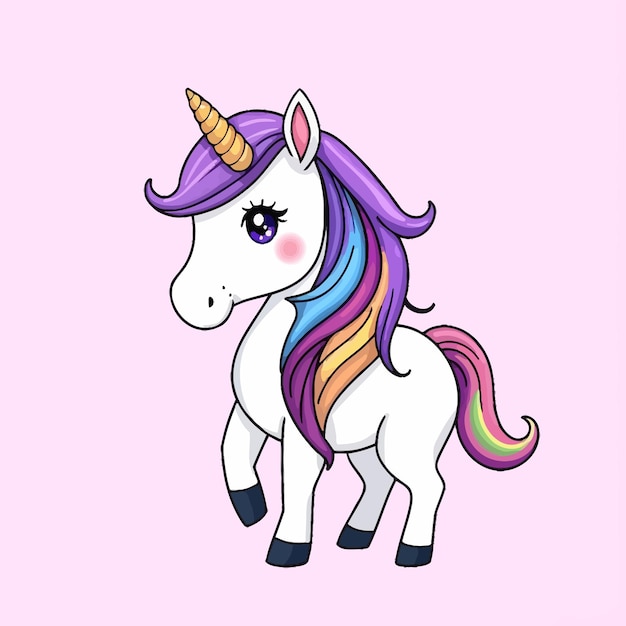 Un dibujo de un unicornio con una ilustración de dibujos animados vectorial de estilo arco iris