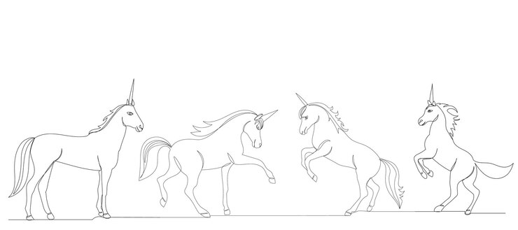 Vector dibujo de unicornios por una línea continua, boceto