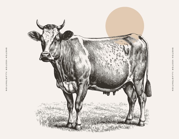 Vector dibujo de una vaca de pie en un campo