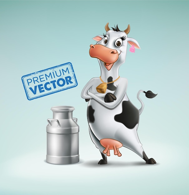 Vector dibujo de vaca premium y pendientes recipiente de leche aislado dibujos animados 3d ilustración vectorial realista