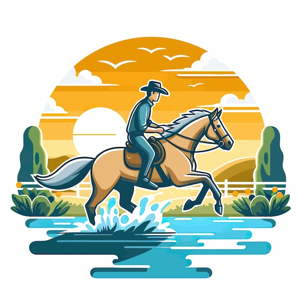 Vector un dibujo de un vaquero en un caballo con una puesta de sol en el fondo