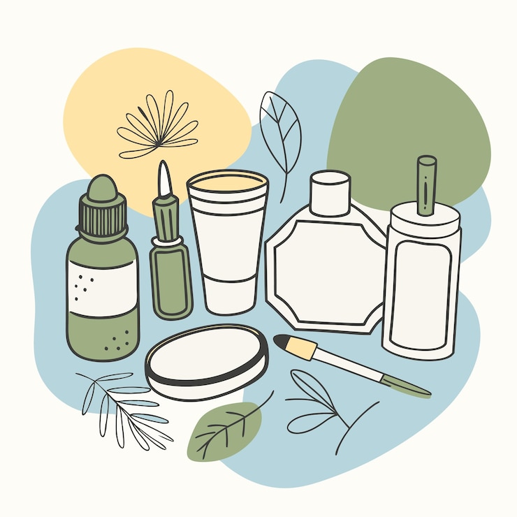 Vector un dibujo de varias botellas de jabón y una botella de pintura en aerosol