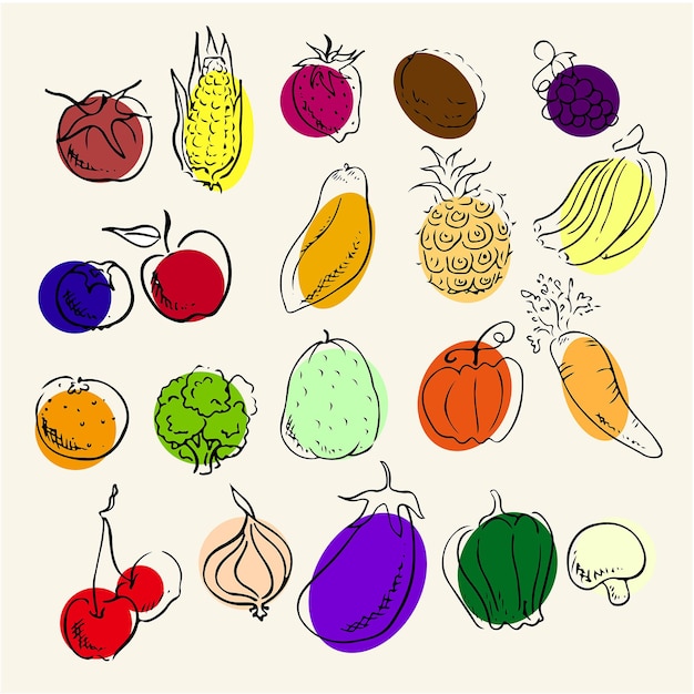 Vector un dibujo de varias frutas y verduras.