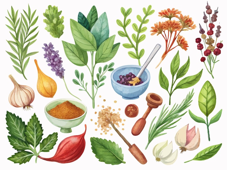 Vector un dibujo de varias plantas, incluidas flores y hierbas