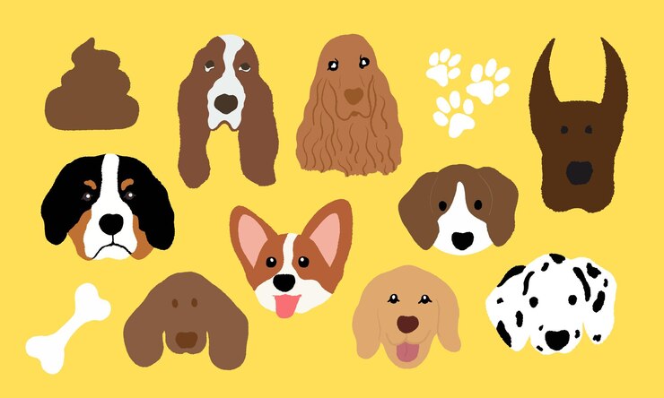 Vector dibujo de varias razas de perros con crayón para elemento de cachorro, logotipo de mascota, icono de veterinario, pegatina de pata, estampado animal