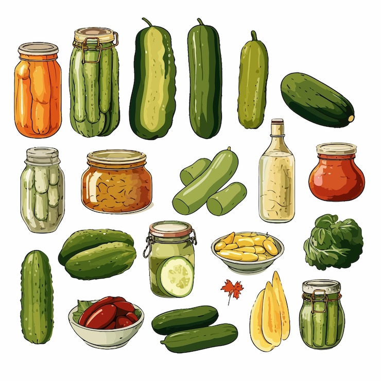 Vector un dibujo de una variedad de pepinillos y pepinos