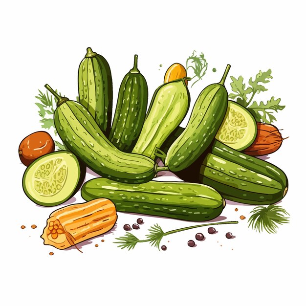 Vector un dibujo de una variedad de pepinillos y pepinos