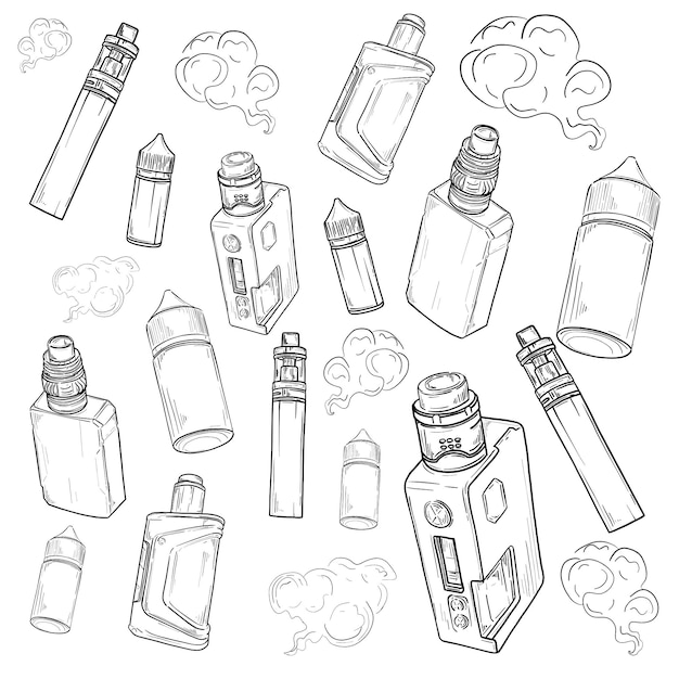 Vector un dibujo de varios cigarrillos y una botella de perfume.