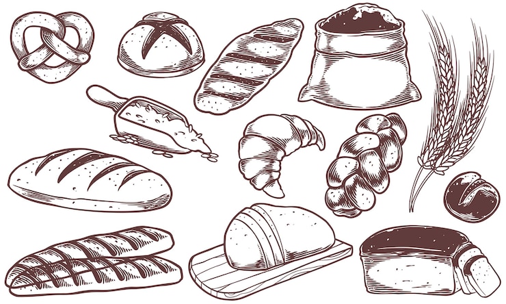un dibujo de varios tipos de panes y pasteles