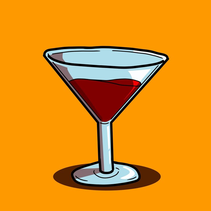 un dibujo de un vaso de martini con un líquido rojo en él