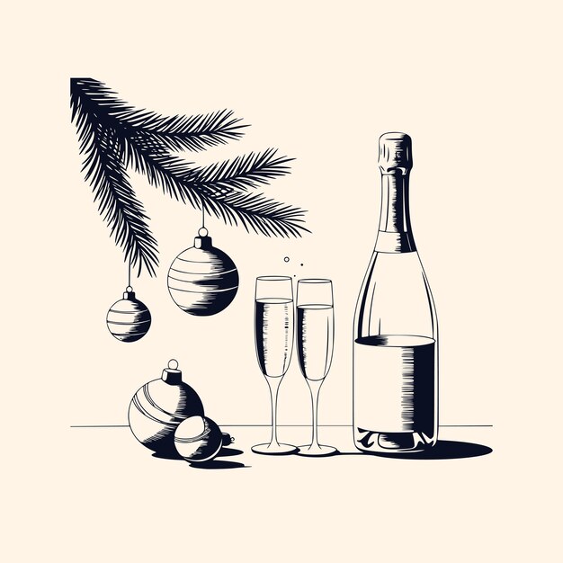 Dibujo vectorial de Año Nuevo en blanco y negro de naturaleza muerta con vino espumoso