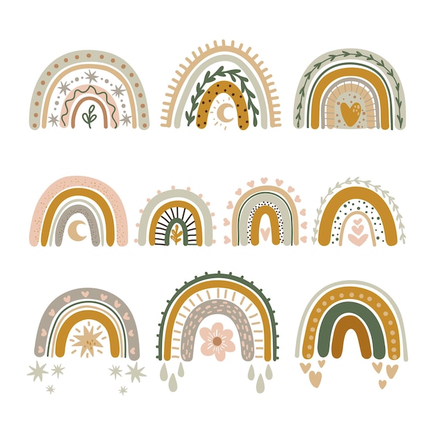 Dibujo vectorial de un arco iris en estilo boho