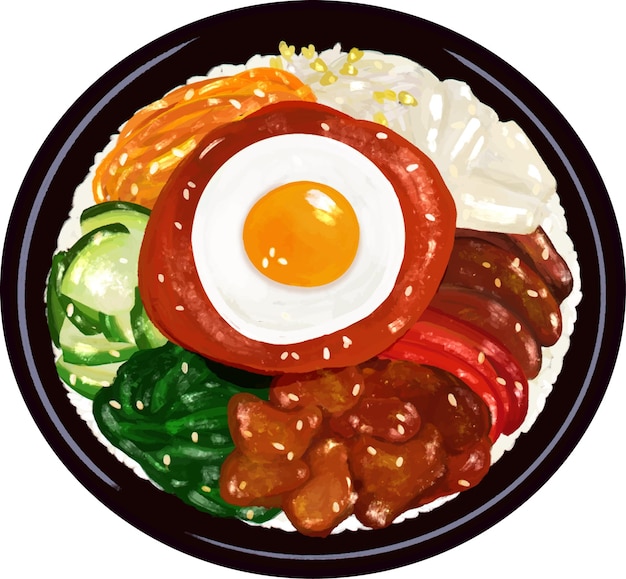 Dibujo vectorial bibimbap huevo frito comida coreana