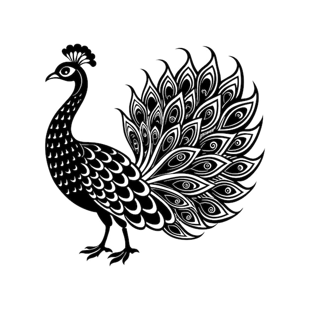 un dibujo vectorial en blanco y negro de un pavo real con una cola negra