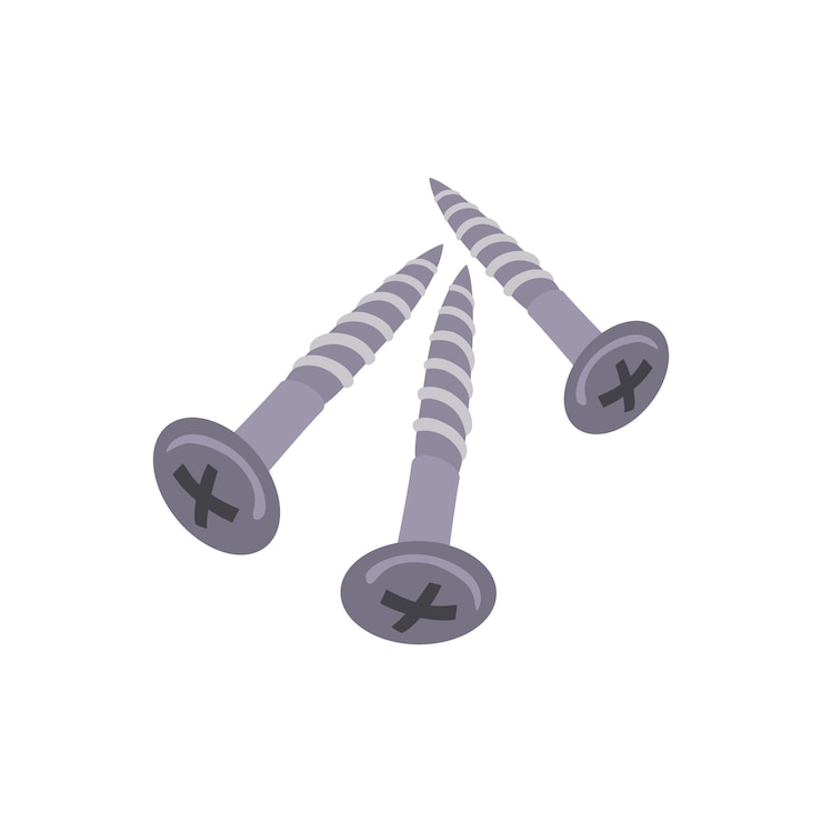 Vector dibujo vectorial de cabeza plana de tres tornillos roscados de metal verticales