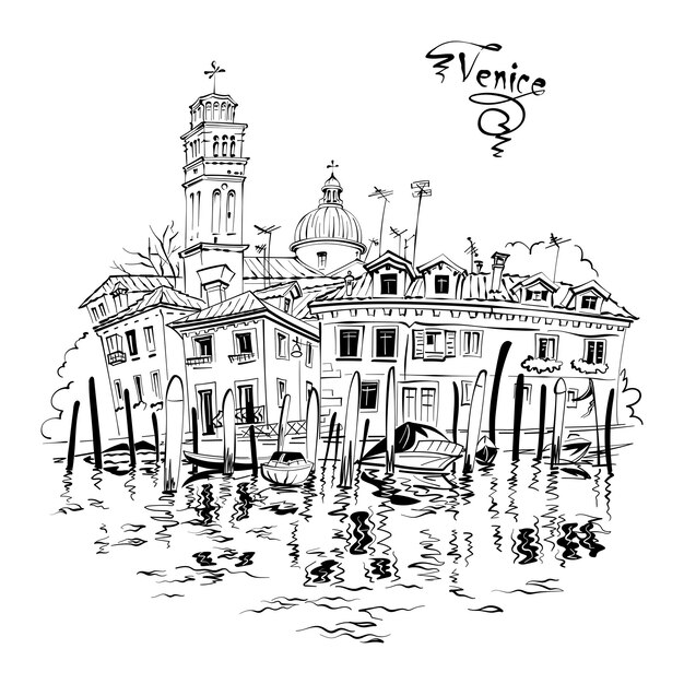 Dibujo vectorial de casas acogedoras del canal y basílica de san pedro de castello venecia italia en blanco y negro