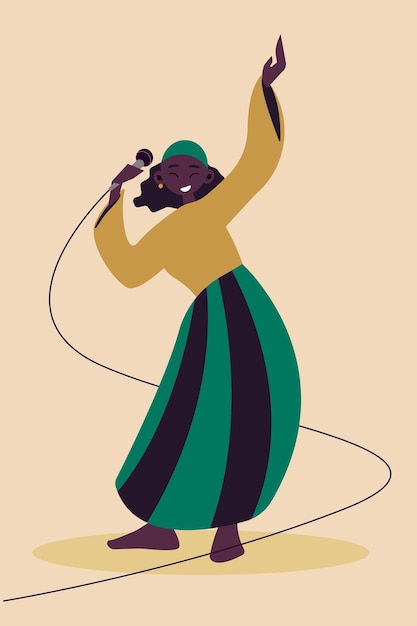 Vector dibujo vectorial de una chica feliz con una falda larga bailando y cantando con un micrófono en la mano