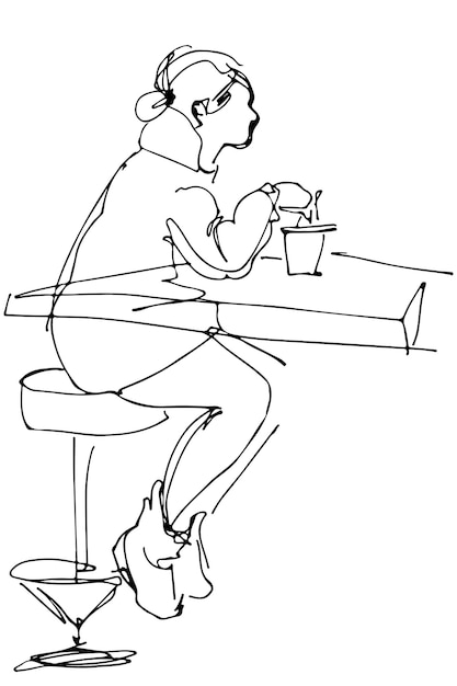 Dibujo vectorial de una chica sentada en una mesa en un café en una silla alta