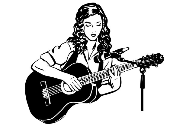 Dibujo vectorial de una chica tocando la guitarra frente a un micrófono