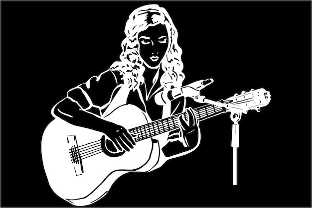 Dibujo vectorial de una chica tocando la guitarra frente a un micrófono