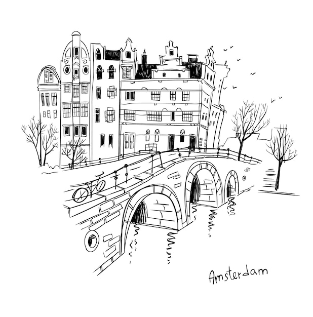 Dibujo vectorial de la ciudad de amstersam. dibujo lineal