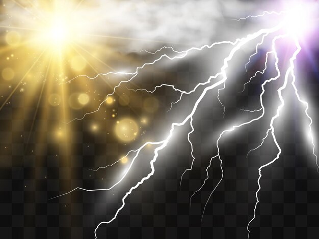 Dibujo vectorial climático del sol y el relámpago brillando a través de las nubes