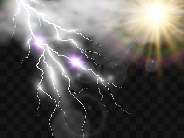 Dibujo vectorial climático del sol y el relámpago brillando a través de las nubes