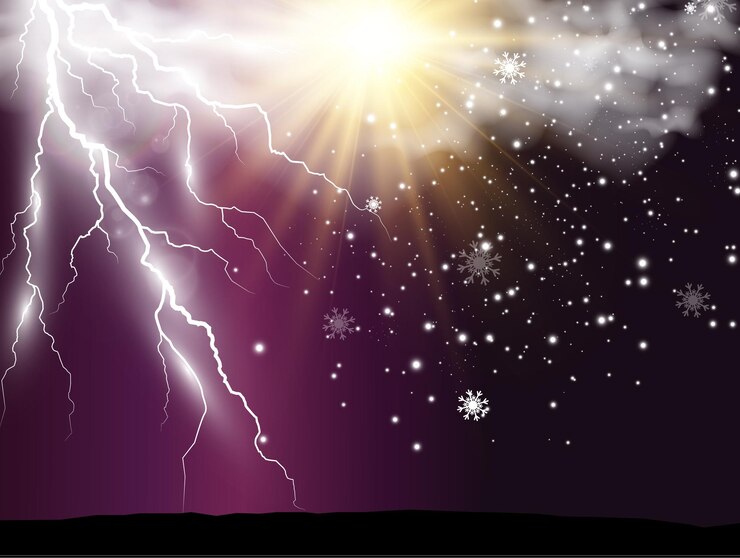 Vector dibujo vectorial climático del sol y relámpagos que brillan a través de las nubes.