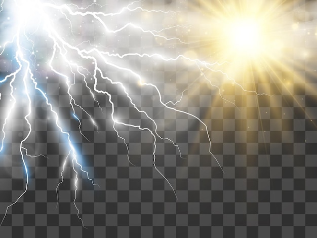 Dibujo vectorial climático del sol y relámpagos que brillan a través de las nubes.