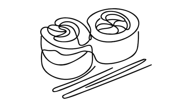 Vector dibujo vectorial continuo de una sola línea de rollos de sushi en silueta sobre un fondo blanco estilizado lineal