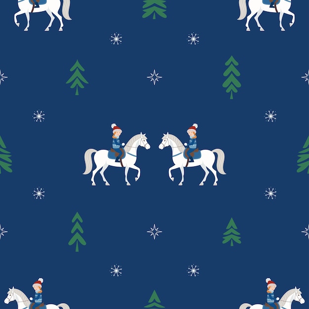 Dibujo vectorial sin costuras en un fondo azul oscuro Niños lindos a caballo Ilustración navideña para niños Diseño para tela papel tapiz textiles papel de envoltura y decoración