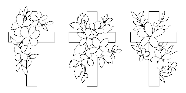 Dibujo vectorial de cruz cristiana con flores Símbolo religioso Fiestas de Pascua Libro para colorear