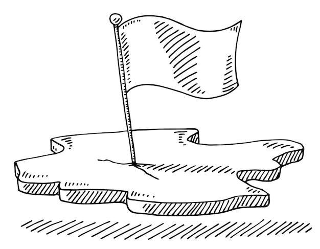 Dibujo vectorial dibujado a mano de una bandera en un pedazo de tierra Símbolo boceto en blanco y negro en un transpare