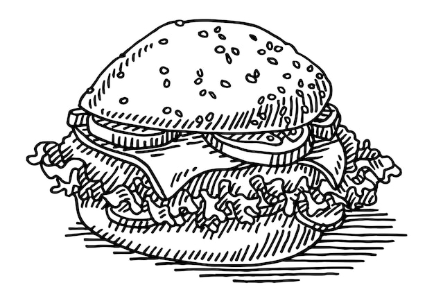 Dibujo vectorial dibujado a mano de un boceto en blanco y negro de Hamburger Fast Food en un fondo transparente