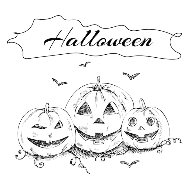 Dibujo vectorial dibujado a mano de calabazas aterradoras para halloween