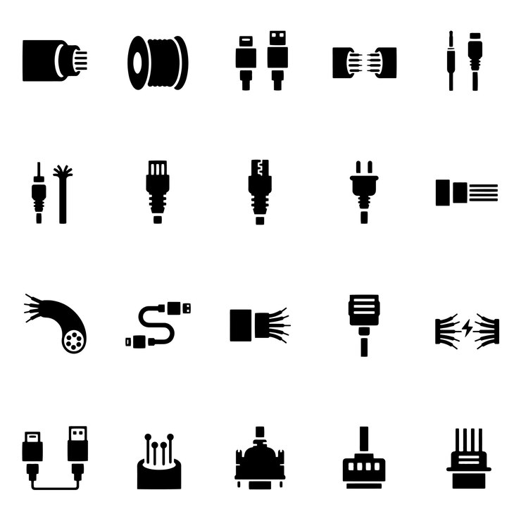 Vector dibujo vectorial dibujado a mano conjunto de íconos de cables conjun to de ícones de cables esbozo en blanco y negro de fondo transparente