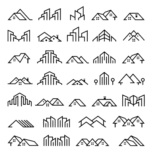 Dibujo vectorial dibujado a mano conjunto de íconos de construcción esbozo en blanco y negro de fondo transparente