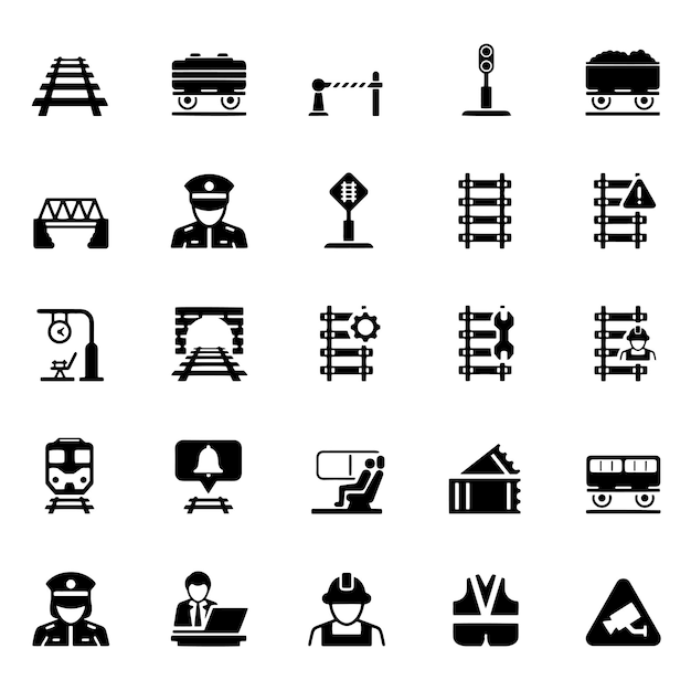 Dibujo vectorial dibujado a mano Conjunto de iconos ferroviarios Esbozo en blanco y negro Fondo transparente