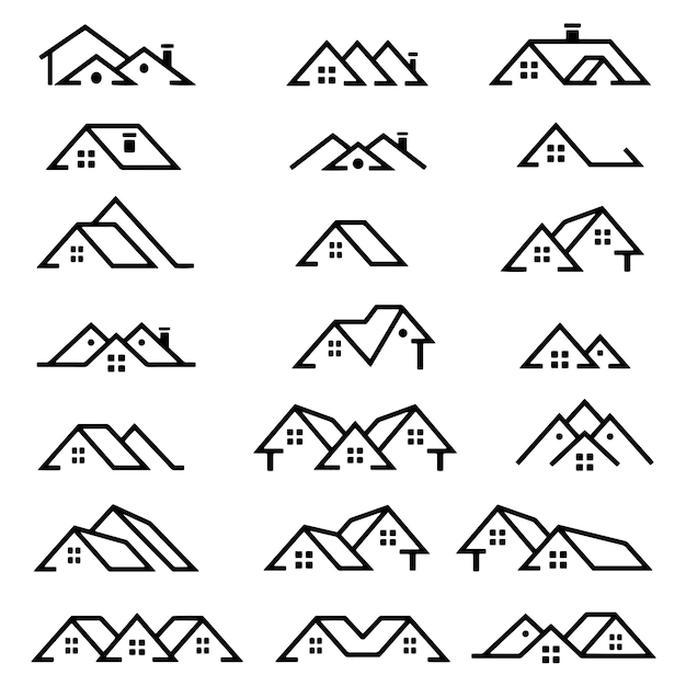 Dibujo vectorial dibujado a mano conjunto de logotipos inmobiliarios boceto en blanco y negro fondo transparente