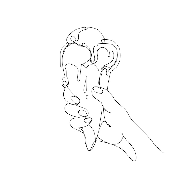 Dibujo vectorial dibujado a mano con cono de helado. Helado en línea continua de mano humana. Alimentos dulces