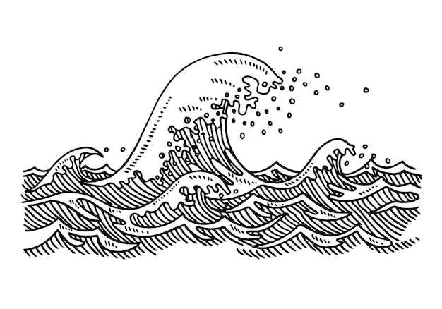 Dibujo vectorial dibujado a mano de una gran ola en el mar boceto en blanco y negro en un fondo transparente