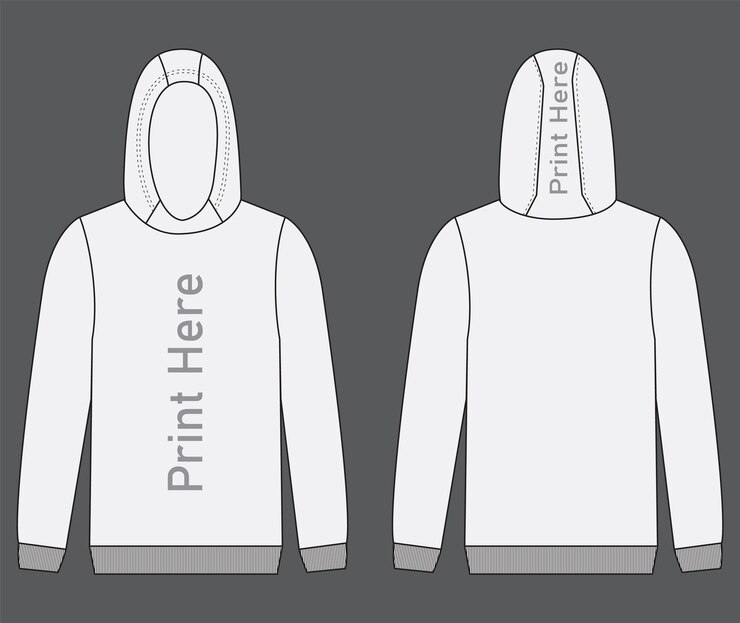 Vector dibujo vectorial de dibujo técnico plano de sudadera con capucha. el cuerpo y la sudadera con capucha se muestran en el área de impresión.