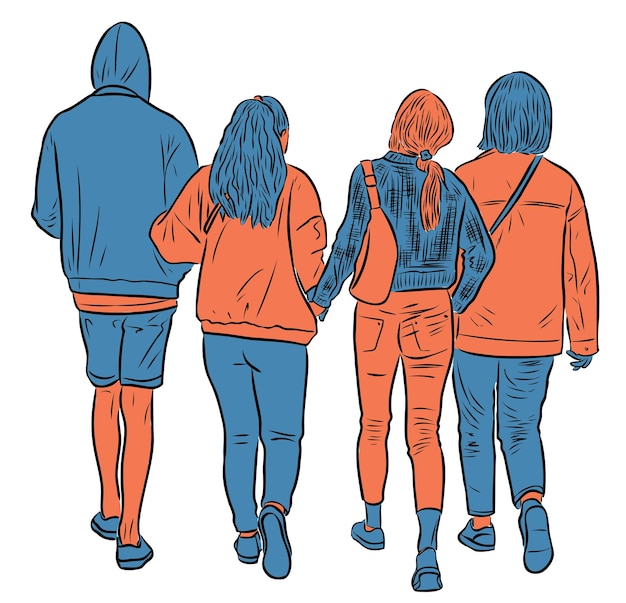 Vector dibujo vectorial de estudiantes amigos caminando juntos al aire libre