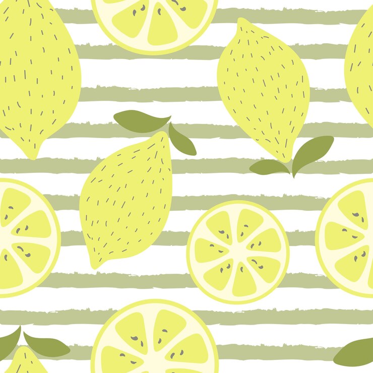Vector dibujo vectorial de frutas cítricas de limón en un patrón sin costuras de rayas