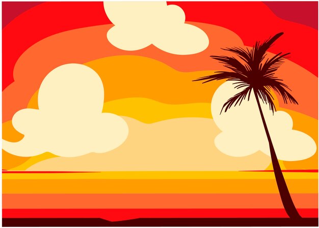 dibujo vectorial de un hermoso paisaje tropical, un hermoso amanecer, una hermosa puesta de sol en el mar