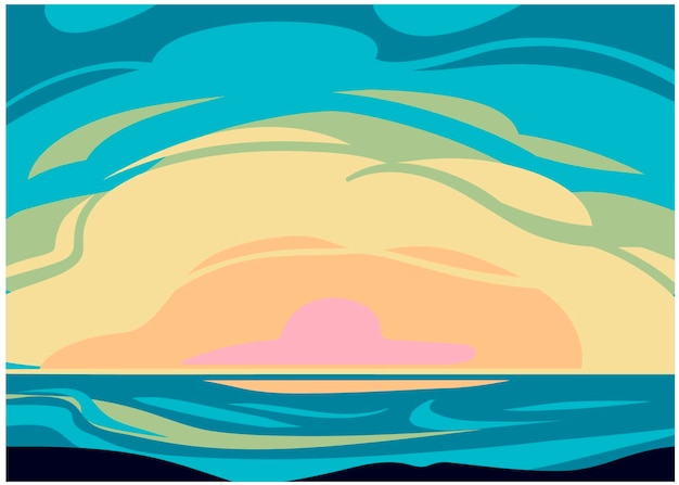 dibujo vectorial de un hermoso paisaje tropical, un hermoso amanecer, una hermosa puesta de sol en el mar